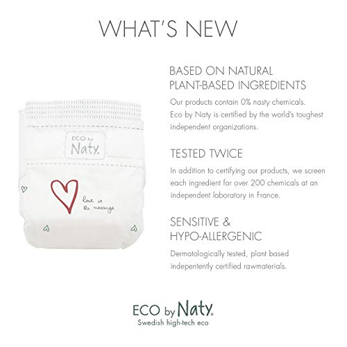 Eco by Naty Pañales, Talla/Tamaño 1, 100 unidades, 2-5 kg, suministro para UN MES, Pañal ecológico Premium hecho a base de fibras vegetales 0% plásticos derivados del petróleo en contacto con la piel