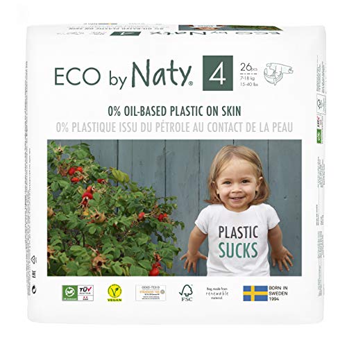 Eco by Naty Pañales, Talla/Tamaño 4,156 unidades, 7-18 kg, suministro para UN MES, Pañal ecológico Premium a base de fibras vegetales.0% plásticos derivados del petróleo en contacto con la piel