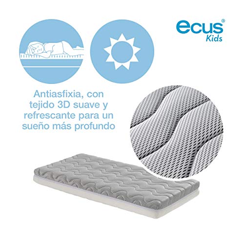 Ecus Kids OXSI, Colchón de Cuna Oxígena HR con Cremallera Perimetral, Cara Antiasfixia e Invierno, 117 x 57 x 12 cm, Blanco/ Gris