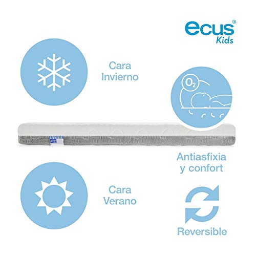 Ecus Kids OXSI, Colchón de Cuna Oxígena HR con Cremallera Perimetral, Cara Antiasfixia e Invierno, 117 x 57 x 12 cm, Blanco/ Gris