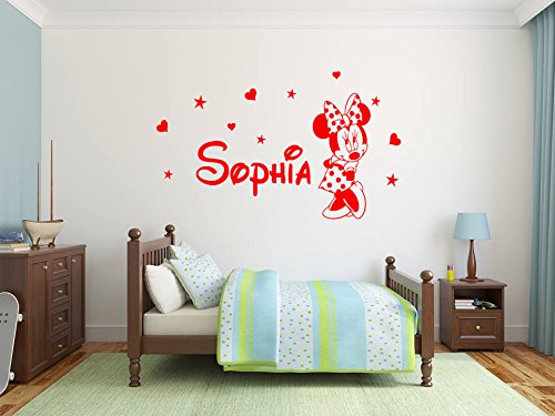 El nombre y Minnie Mouse de la etiqueta adhesiva personalizada. Etiqueta de la pared de la etiqueta engomada de Minnie mouse. Pegatina de pared con el nombre de un niño y Minnie