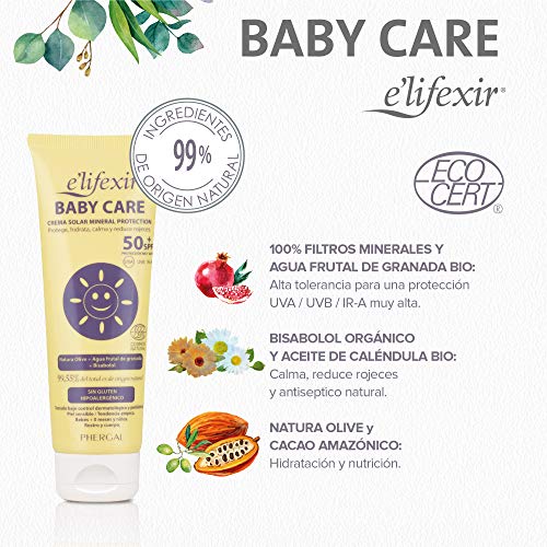 Elifexir Baby Care - Crema Solar  Niño y Bebé | Hidratante, Nutritiva, Resistente Agua | Protector Solar UVA/UVB/IR-A | 100% Filtros Minerales | Sin Parabenes | Hipoalergénica | Piel Sensible -100ml