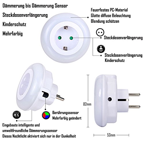 Emotionlite LED Enchufe de Luz Nocturna con Sensor de Crepúsculo.Iluminación Ambiental 0.6W 3 Colores (Verde, Azul, Blanco) Intercambiable Max.3680 (1 Paquete)