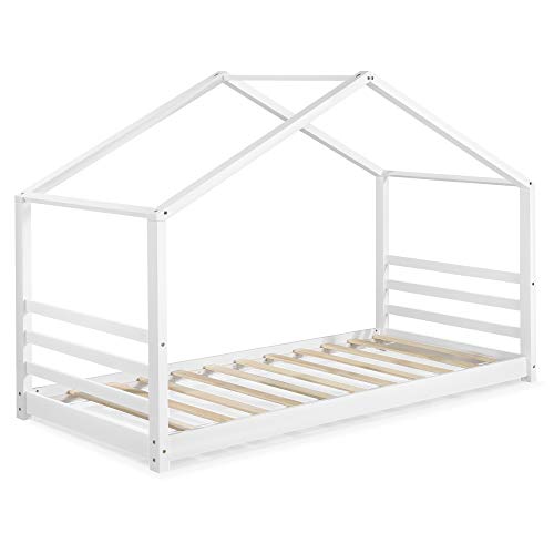 [en.casa] Cama para niños de Pino En Diferentes Medidas Cama Infantil Forma de casa en Color Blanco Mate o Pino Natural (Blanco, 90x200 cm)