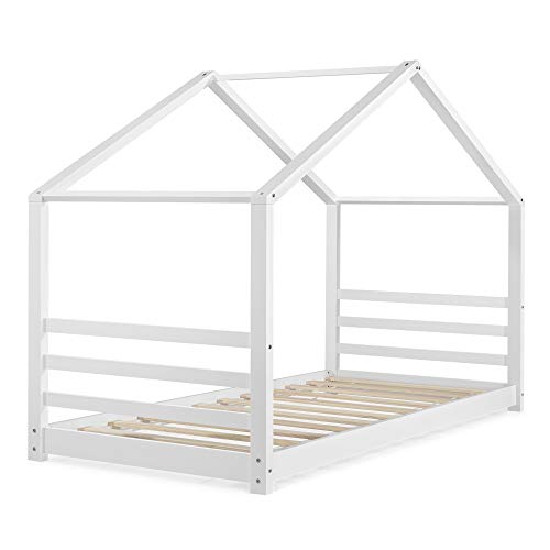 [en.casa] Cama para niños de Pino En Diferentes Medidas Cama Infantil Forma de casa en Color Blanco Mate o Pino Natural (Blanco, 90x200 cm)