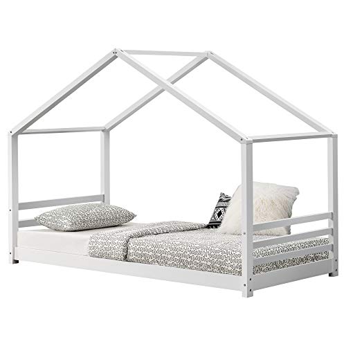 [en.casa] Cama para niños de Pino En Diferentes Medidas Cama Infantil Forma de casa en Color Blanco Mate o Pino Natural (Blanco, 90x200 cm)