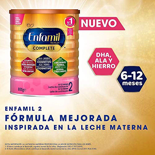 Enfamil Complete 2 - Fórmula leche infantil de continuación para lactantes bebés de 6 a 12 meses - Pack mensual de 4 latas x 800 gr