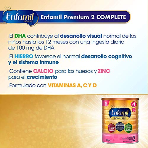 Enfamil Complete 2 - Fórmula leche infantil de continuación para lactantes bebés de 6 a 12 meses - Pack mensual de 4 latas x 800 gr