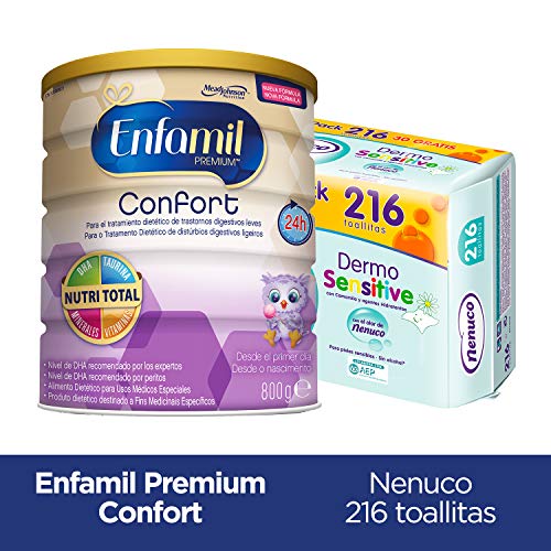 Enfamil Confort - Leche infantil para bebés lactantes con transtornos digestivos leves + Nenuco Dermosensitive - Toallitas bebé para Pieles Sensibles, Sin Alcohol - 216 unidades