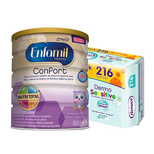 Enfamil Confort - Leche infantil para bebés lactantes con transtornos digestivos leves + Nenuco Dermosensitive - Toallitas bebé para Pieles Sensibles, Sin Alcohol - 216 unidades