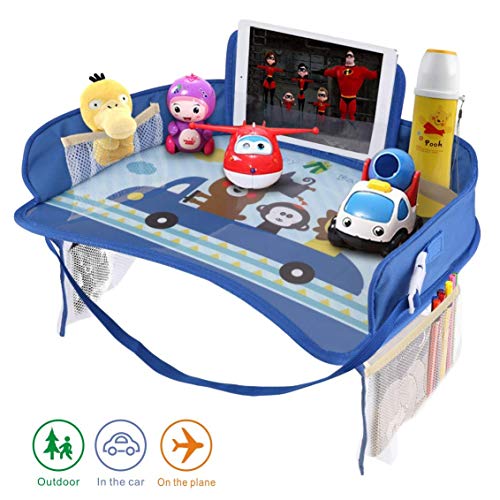 Erlsig Bandeja de Viaje para Asiento de Coche, Organizador para niños y niños, con Soporte para Tableta, Resistente al Agua y Plegable (Azul)