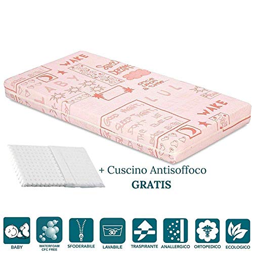 Evergreenweb - Colchón de cuna bebé talla 70x160 cm color rosa material transpirable y cremallera perimetral, Espuma acolchada Descanso bebé Altura 10 cm con almohada antiasfixia gratis - Minny