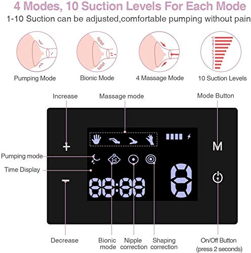 Extractor de leche eléctrico Extractor de leche individual doble Bomba de lactancia portátil con pantalla táctil LCD inteligente con 4 modos 10 niveles Succión de leche materna, masaje de mama