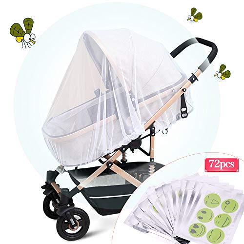 Faburo Universal Mosquitera Carrito Bebé,Mosquitera Bebé silla de paseo y cuna de viaje resistente, Protección Perfecto  Elástica y lavable,con Parche Repelente de Mosquitos * 72 piezas