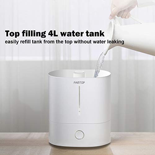 FAMTOP Humidificador 4L Bebé, Humidificador Ultrasónico de Llenado Superior con 3 Niveles de Humedad Ajustable, Vapor Frío Difusor, Auto-Apagado, Hasta 40 Horas, Blanco【2020 Más Nuevo】