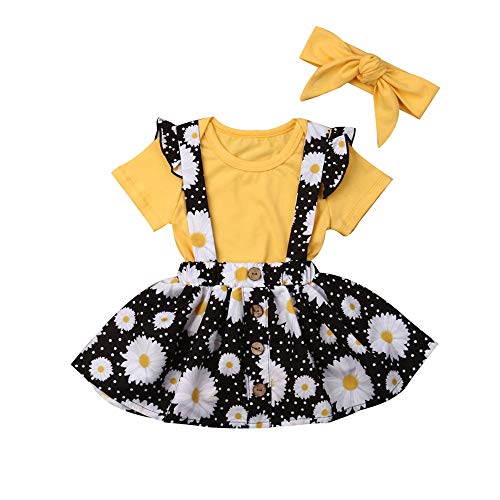 FELZ Ropa Bebe Niña Verano 2019 Ropa Bebe Recien Nacido Verano 3 Meses a 4 Años - 3PC/Conjunto - Amarillo Camiseta Mangas Cortos+ Pantalones/Falda + Banda de Pelo Original Fiesta Bebe Reborn niña