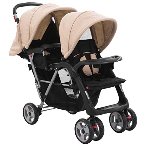 Festnight Carrito Gemelar Silla de Paseo Gemelar Carrito para Dos Bebés Tandem Plegable con Rueda Giratoria Gris Taupe y Negro de Acero