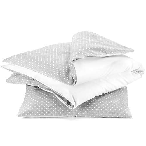 Fillikid - Funda Nórdica 100x135 cm y Funda Almohada 40x60 cm para Maxicuna de 70x140cm, 100% algodón, Certificado ÖkoTex- lunares gris y blanco