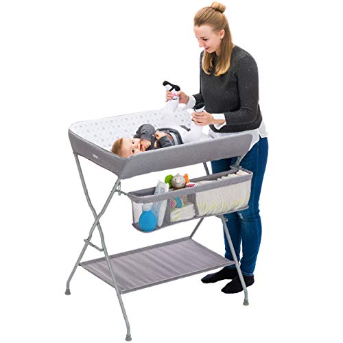 Fillikid Mueble Cambiador Plegable bebe - Cambiador, cinturón de seguridad y compartimentos de almacenamiento, ahorro de espacio y estabilidad - puntos grises