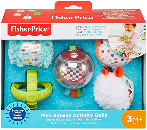 Fisher-Price- Bolitas blandas activity, 5 bolas de juguete para estimulación de los sentidos del bebé recién nacido, Multicolor (Mattel FXC32)