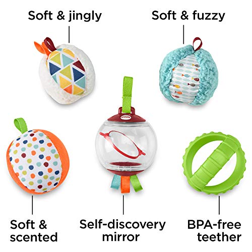 Fisher-Price- Bolitas blandas activity, 5 bolas de juguete para estimulación de los sentidos del bebé recién nacido, Multicolor (Mattel FXC32)