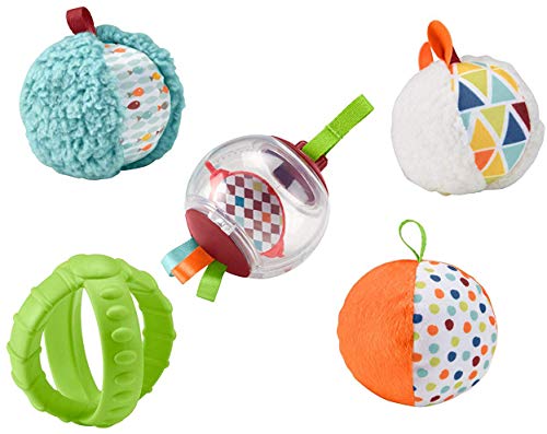 Fisher-Price- Bolitas blandas activity, 5 bolas de juguete para estimulación de los sentidos del bebé recién nacido, Multicolor (Mattel FXC32)