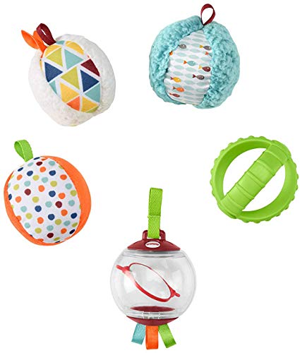 Fisher-Price- Bolitas blandas activity, 5 bolas de juguete para estimulación de los sentidos del bebé recién nacido, Multicolor (Mattel FXC32)