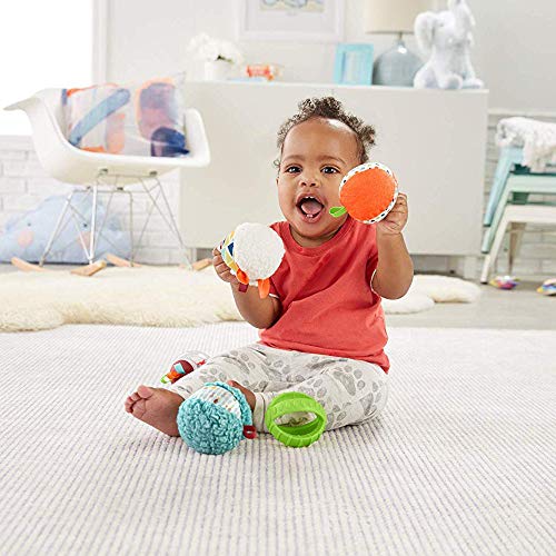 Fisher-Price- Bolitas blandas activity, 5 bolas de juguete para estimulación de los sentidos del bebé recién nacido, Multicolor (Mattel FXC32)