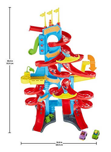 Fisher-Price fxk59 Little People Hochhaus de Carreras Auto rennbahn con Sonidos Incluye 2 Figuras, a Partir de 18 Meses, Aprox. 93 cm de Alto