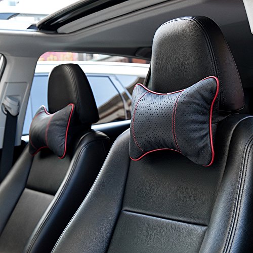 FMS 2 Piezas Piel de Coche cuellos Coche Cojínes Almohada Cervical con Cubierta Desmontable (Negro)