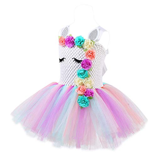 Fonlam Vestido de Bautizo Fiesta Disfraz de Unicornio Princesa, Niña, Multicolor (Flores), 11-12 Años