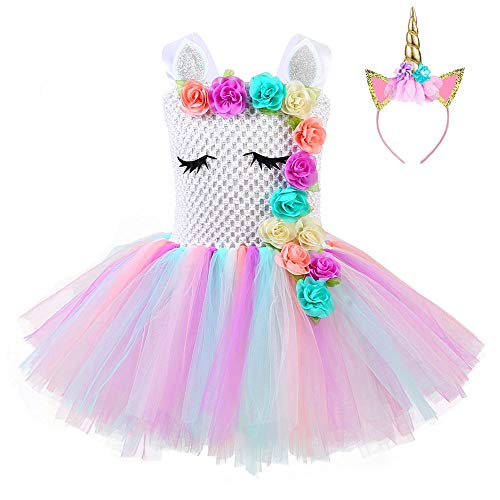 Fonlam Vestido de Bautizo Fiesta Disfraz de Unicornio Princesa, Niña, Multicolor (Flores), 11-12 Años