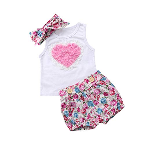 Fossen Ropa Bebe Niña Verano Blusas sin Mangas y Pantalones Cortos con Banda de Pelo para Recién Nacido 0 a 24 Meses,Conjunto de Estampada Rose 3D