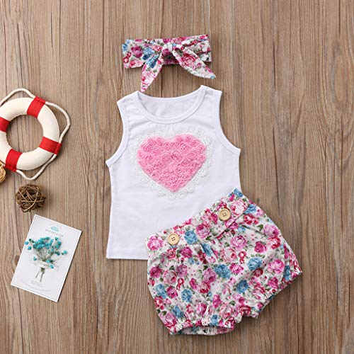 Fossen Ropa Bebe Niña Verano Blusas sin Mangas y Pantalones Cortos con Banda de Pelo para Recién Nacido 0 a 24 Meses,Conjunto de Estampada Rose 3D