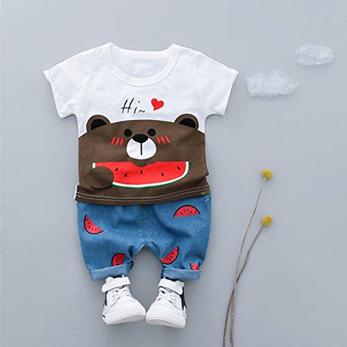 Fossen Ropa Bebe Niño Verano 2019 - Camiseta Manga Corta de Estampado de sandía Oso y Vaqueros Corto - para 0-24 Meses Recien Nacido Bebé - Conjunto de Dos Piezas (0-6 Meses, Blanco)