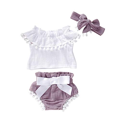 Fossen Verano Ropa Bebe Niña Monos de Volantes con Borla + + Pantalón Corto + Banda de Pelo para 0-24 Meses Recien Nacido Bebé (0-6 Meses, Morado)