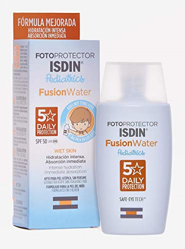 Fotoprotector ISDIN Fusion Water Pediatrics SPF 50, hidratación intensa, absorción inmediata, no irrita los ojos, apto para piel atópica