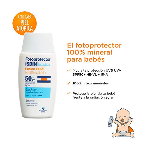 Fotoprotector ISDIN Pediatrics Fusion Fluid Mineral Baby SPF 50+ | Protector Solar para bebés +0 meses | Filtros 100% físicos | Apto para todo tipo de pieles | 50ml