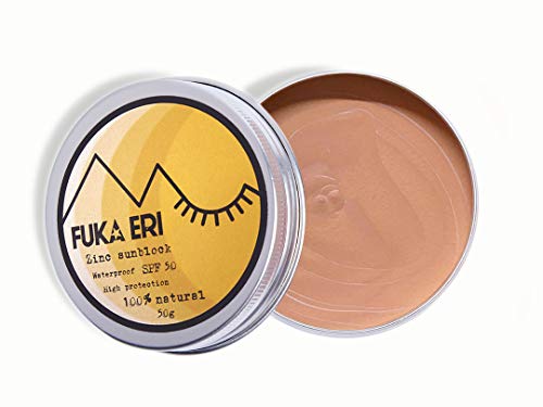 FUKA ERI Protector solar con zinc no-nano. Ingredientes minerales y naturales. Crema solar con color, 50 SPF+. Waterproof/Vegana. Cara y zonas sensibles. Sin plástico. Fórmula mejorada.