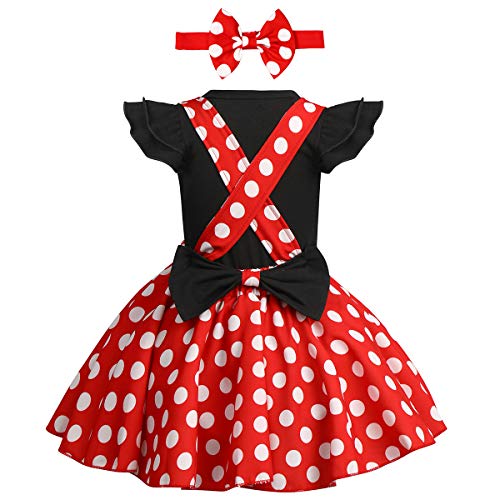 FYMNSI Bebé Niña Vestido de Lunares Primera Fiesta de Cumpleaños Ropa Body de Mameluco de Manga Corta de Algodón Falda de Tirantes Diadema de Bowknot Set para Navidad Carnaval Halloween Negro 6-12M