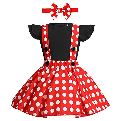 FYMNSI Bebé Niña Vestido de Lunares Primera Fiesta de Cumpleaños Ropa Body de Mameluco de Manga Corta de Algodón Falda de Tirantes Diadema de Bowknot Set para Navidad Carnaval Halloween Negro 6-12M