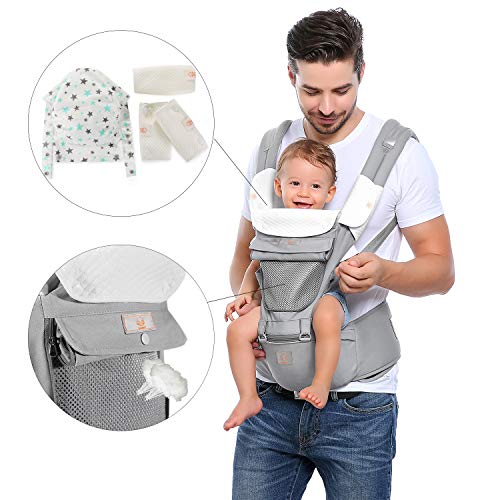 GAGAKU Portabebés con Asiento de Cadera 8 en 1 Ergonómica Mochila Porta Bebé para Recién Nacido Niños Pequeños - Gris