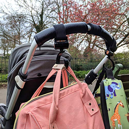 Gancho Carrito Bebé de Baby Uma - Ganchos para tus Bolsas de la Compra, Bolso o Cambiador en el Sillita, Cochecito, Carrito o Carro Bebe. Negro, Pack de 2