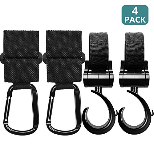 Ganchos Carrito Bebé, 4 Piezas de Gancho Para Colgar Cochecito, gancho carrito bebe,pinzas para cochecito de bebe, Mantas Para Colgar Cartera Bolso, X-large, Universal, negro