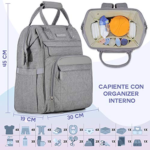 GLAMONIX® Mochila Mama Multifunción - Bolso cochecito - Bolso cambiador bebé con cambiador portátil, portabiberón térmico, ganchos para el cochecito, bandolera y correas ergonómicas, gris