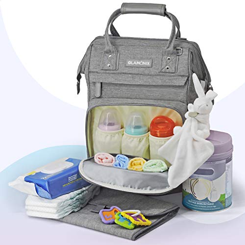 GLAMONIX® Mochila Mama Multifunción - Bolso cochecito - Bolso cambiador bebé con cambiador portátil, portabiberón térmico, ganchos para el cochecito, bandolera y correas ergonómicas, gris