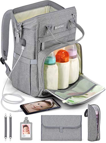 GLAMONIX® Mochila Mama Multifunción - Bolso cochecito - Bolso cambiador bebé con cambiador portátil, portabiberón térmico, ganchos para el cochecito, bandolera y correas ergonómicas, gris