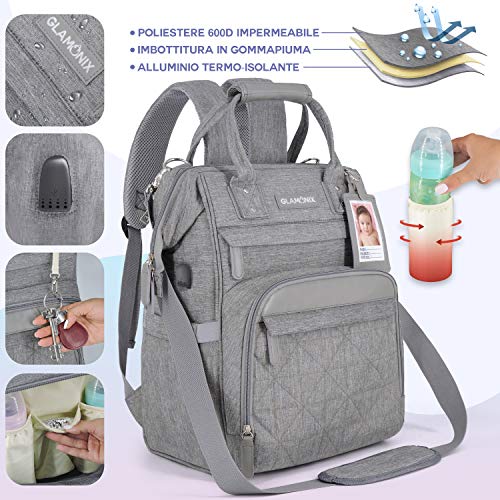 GLAMONIX® Mochila Mama Multifunción - Bolso cochecito - Bolso cambiador bebé con cambiador portátil, portabiberón térmico, ganchos para el cochecito, bandolera y correas ergonómicas, gris