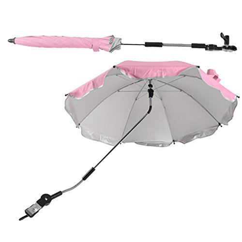 Gosear Sombrilla Silla Paseo Universal, Cochecito Paraguas sombrilla Parasol para Sillita de bebé protección UV, 360 Grados de dirección Ajustable (Rosado)