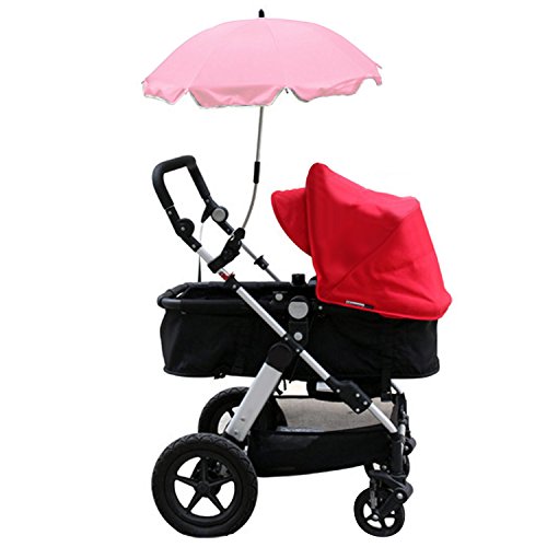 Gosear Sombrilla Silla Paseo Universal, Cochecito Paraguas sombrilla Parasol para Sillita de bebé protección UV, 360 Grados de dirección Ajustable (Rosado)